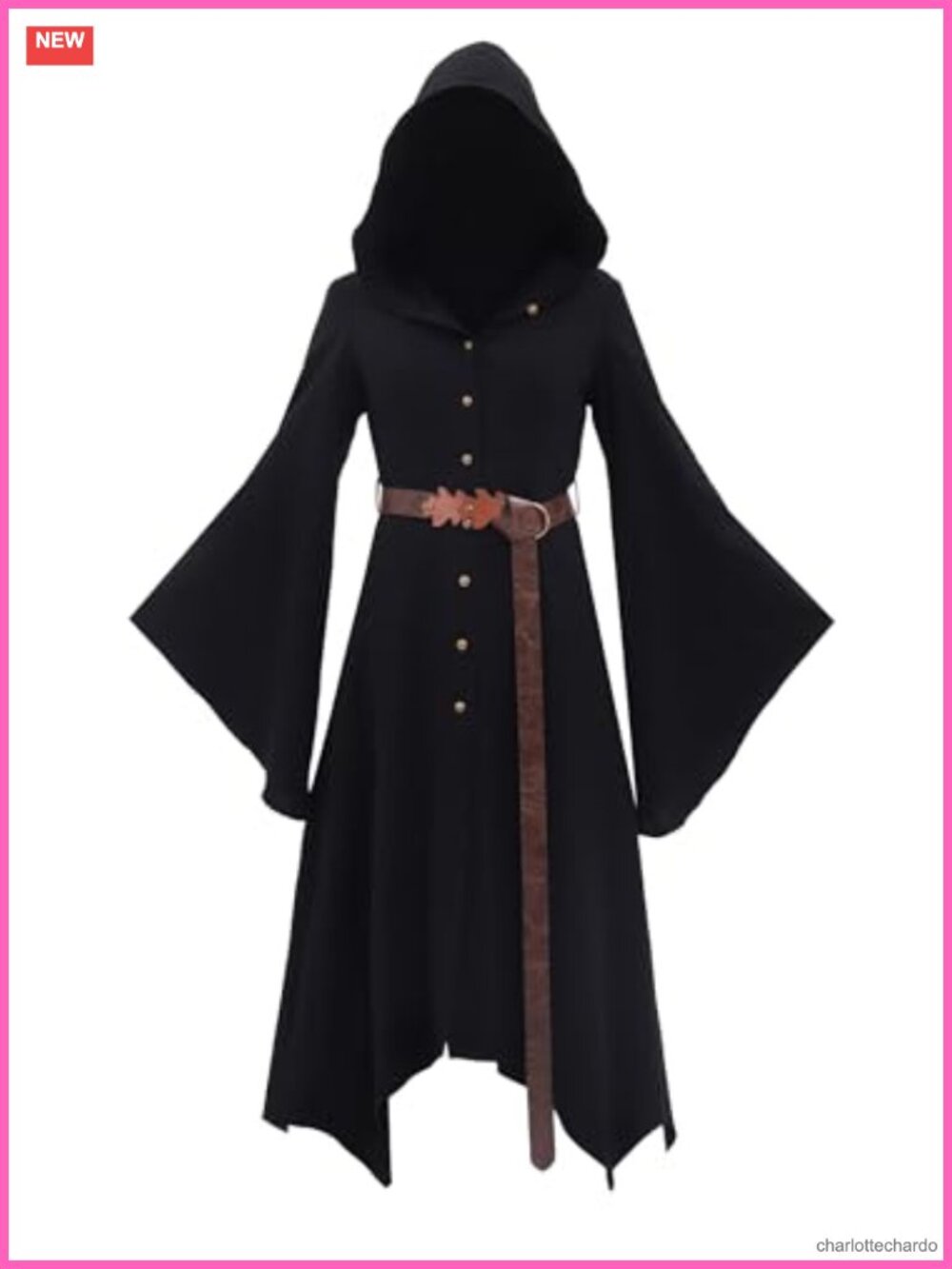Hooded Witch Wizard Cloak Button-Down Long Robe with Faux Leather Belt Costume